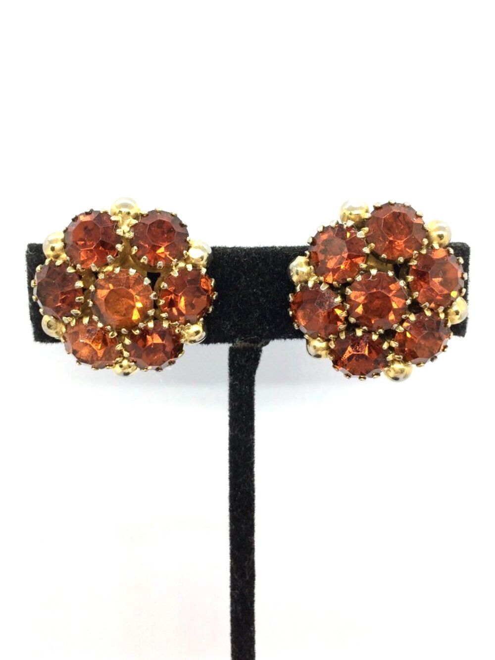 VINTAGE WEISS Earrings Orange Rhinestone Cluster Gold Tone Clip Signed